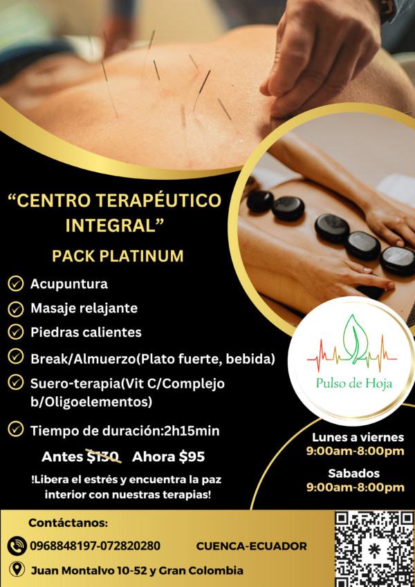 -Acupuntura -Masaje relajante -Piedras calientes -Break/Almuerzo(Plato fuerte, bebida) -Suero-terapia(Vit C/Complejo b/Oligoelementos) -Tiempo de duración:2h15min  Antes $130 Ahora $95 !Libera el estrés y encuentra la paz interior con nuestras terapias! Contáctanos: 0968848197-072820280 Juan Montalvo 10-52 y Gran Colombia CUENCA-ECUADOR