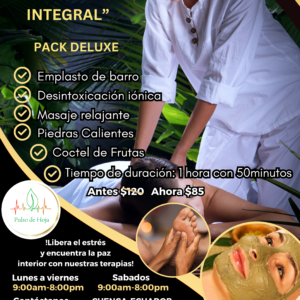 “CENTRO TERAPÉUTICO INTEGRAL” -Emplasto de barro -Desintoxicación iónica -Masaje relajante -Piedras Calientes -Coctel de Frutas -Tiempo de duración: 1 hora con 50minutos Antes $120 Ahora $85 !Libera el estrés y encuentra la paz interior con nuestras terapias! Contáctanos: 0968848197-072820280 Juan Montalvo 10-52 y Gran Colombia CUENCA-ECUADOR