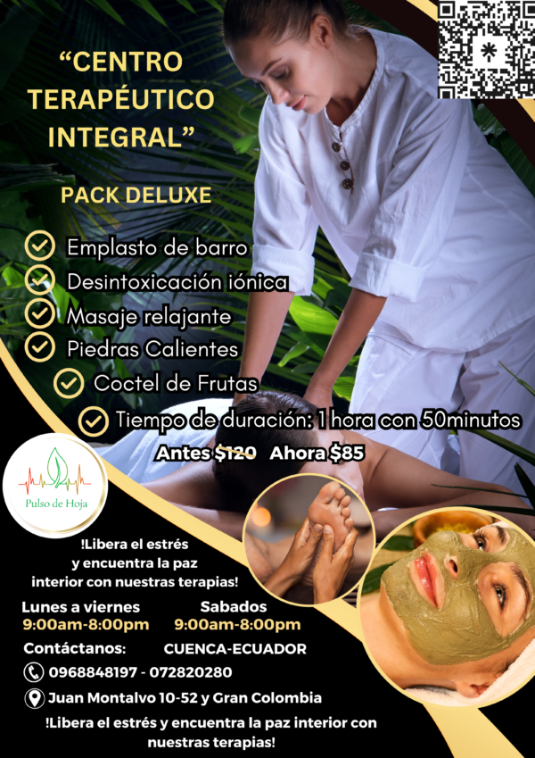 “CENTRO TERAPÉUTICO INTEGRAL” -Emplasto de barro -Desintoxicación iónica -Masaje relajante -Piedras Calientes -Coctel de Frutas -Tiempo de duración: 1 hora con 50minutos Antes $120 Ahora $85 !Libera el estrés y encuentra la paz interior con nuestras terapias! Contáctanos: 0968848197-072820280 Juan Montalvo 10-52 y Gran Colombia CUENCA-ECUADOR