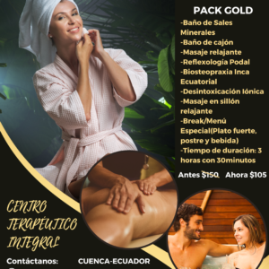 -Baño de Sales Minerales -Baño de cajón -Masaje relajante -Reflexología Podal -Biosteopraxia Inca Ecuatorial -Desintoxicación Iónica -Masaje en sillón relajante -Break/Menú Especial (Plato fuerte, postre y bebida) -Tiempo de duración: 3 horas con 30minutos Antes $150 Ahora $105 !Libera el estrés y encuentra la paz interior con nuestras terapias! Contáctanos: 0968848197-072820280 Juan Montalvo 10-52 y Gran Colombia CUENCA-ECUADOR