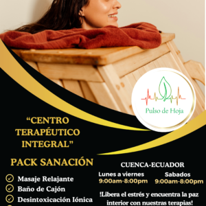 “CENTRO TERAPÉUTICO INTEGRAL” -Masaje Relajante -Baño de Cajón -Desintoxicación Iónica -Coctel de Frutas -Tiempo de duración: 1h30min -Antes $105 Ahora $75 !Libera el estrés y encuentra la paz interior con nuestras terapias! Contáctanos: 0968848197-072820280 Juan Montalvo 10-52 y Gran Colombia CUENCA-ECUADOR