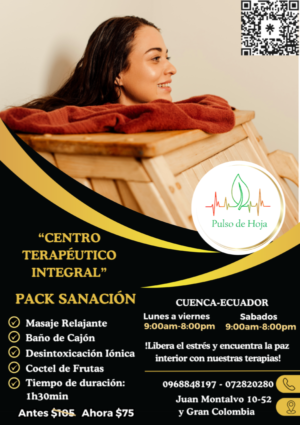 “CENTRO TERAPÉUTICO INTEGRAL” -Masaje Relajante -Baño de Cajón -Desintoxicación Iónica -Coctel de Frutas -Tiempo de duración: 1h30min -Antes $105 Ahora $75 !Libera el estrés y encuentra la paz interior con nuestras terapias! Contáctanos: 0968848197-072820280 Juan Montalvo 10-52 y Gran Colombia CUENCA-ECUADOR