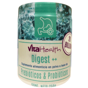 El VitaHealth Digest++ Prebióticos y Probióticos en polvo de 250 gramos es un suplemento diseñado para mejorar la salud digestiva y el bienestar general al combinar dos componentes esenciales para el equilibrio intestinal: probióticos y prebióticos.