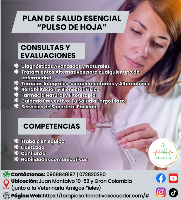 1. Plan "Esencial" (Acceso y Prevención) Este es el plan de entrada, diseñado para personas que quieren empezar a cuidarse y tener acceso a descuentos. Servicios Incluidos: 1 Consulta de Medicina Integral al año. 1 Chequeo preventivo básico anual. Acceso a la red: derecho a agendar citas en todas las especialidades. Descuento fijo (ej. 15%) en todas las demás consultas, terapias, exámenes y productos de la farmacia natural. Contáctanos: 0968848197 | 072820280 Ubicación: Juan Montalvo 10-52 y Gran Colombia (junto a la Veterinaria Amigos Fieles)